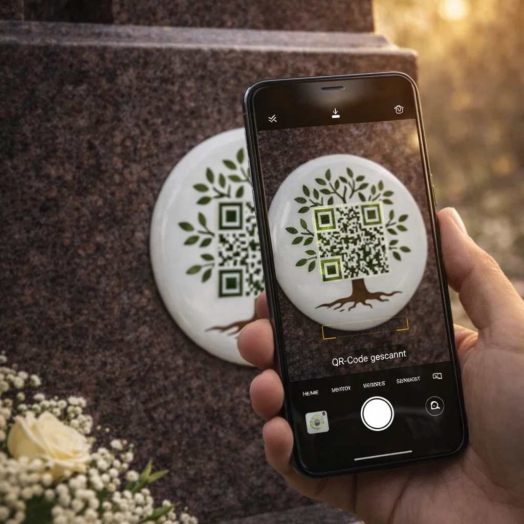 QR-Code Grabstein auf Porzellan Rund